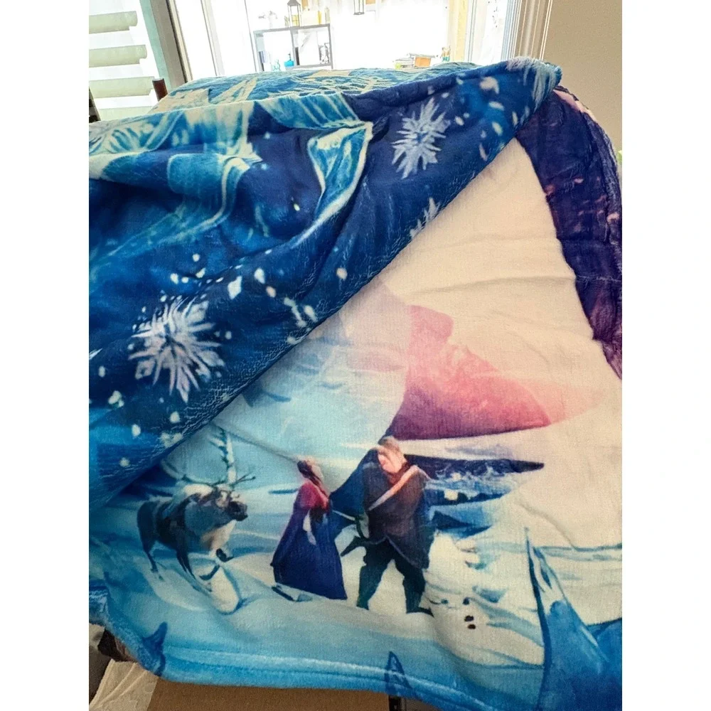 Disney‎ Frozen Anna Elsa Olaf Plush Throw Blanket Blue Purple 60x50